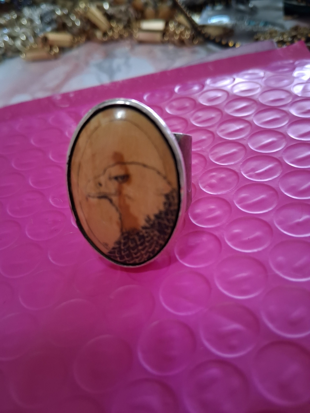 Handcrafted Eagle Wood Inlay Silver Ring - Brown